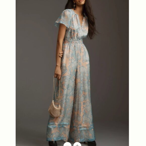 NWT Anthropologie Blue and Peach Jumpsuit - Picture 1 of 5